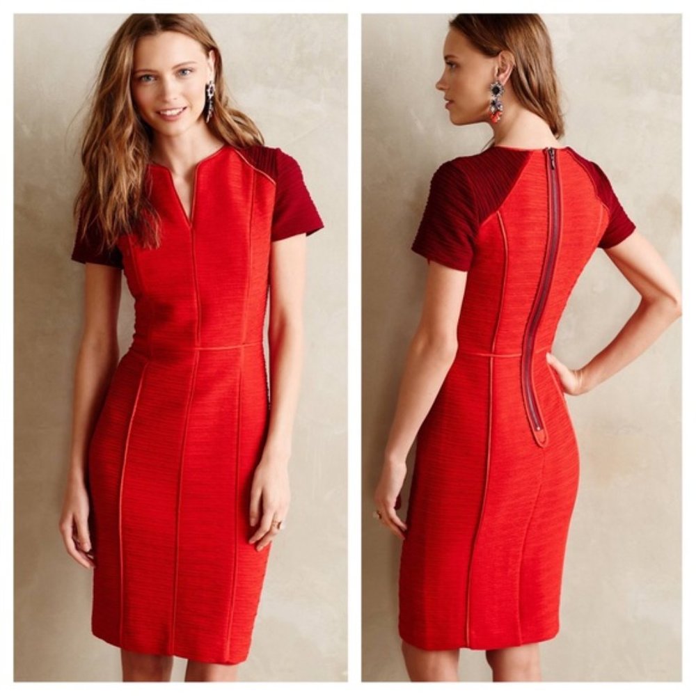 Maeve Anthropologie red burgundy ruched v-neck bodycon pencil cocktail dress